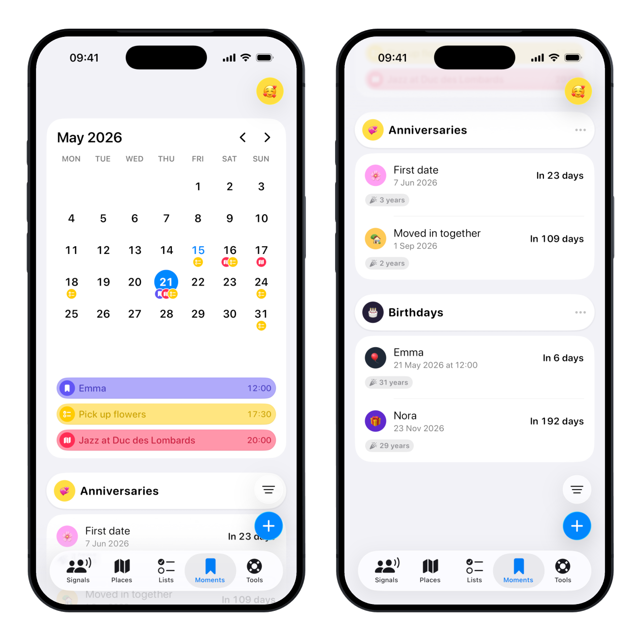 Mudu Moments screen showing a calendar, anniversaries and birthdays.